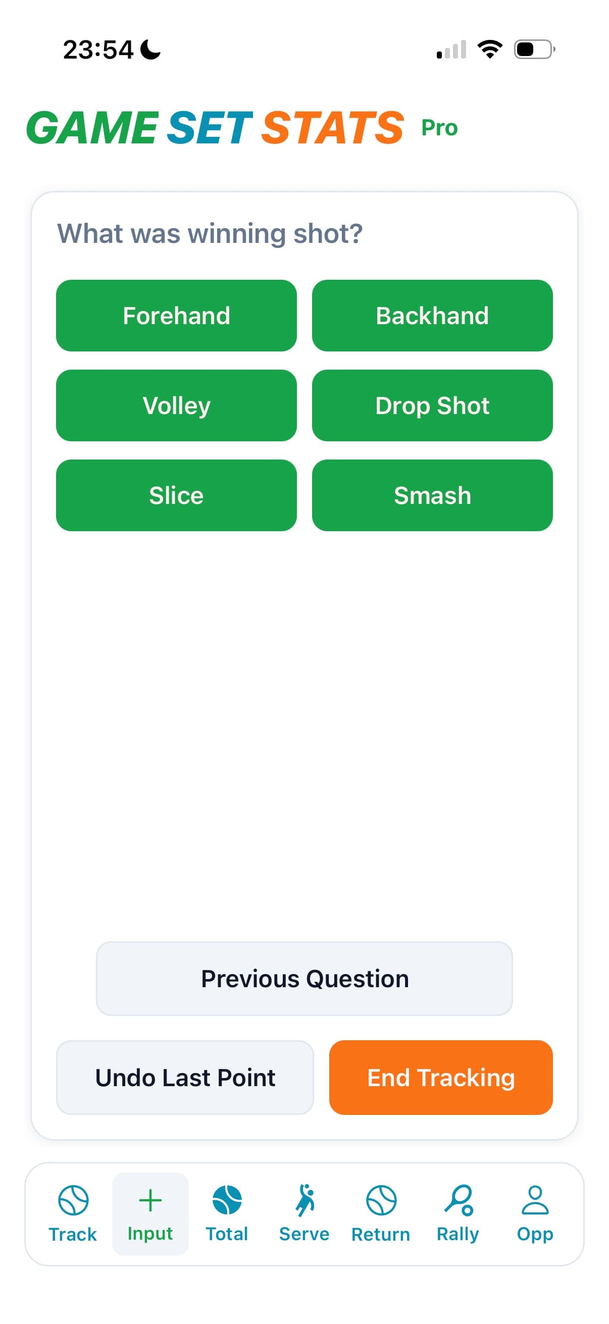 GameSetStats Pro app recording the shot that won a point